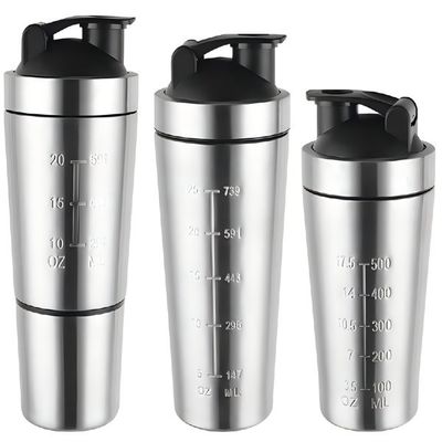 kaufen 500/750ML Leicht zu tragen Silber Protein Shaker aus Edelstahl Flasche Edelstahl Gym Shaker mit Mischball BPA-freiem breiten Mund online manufacture