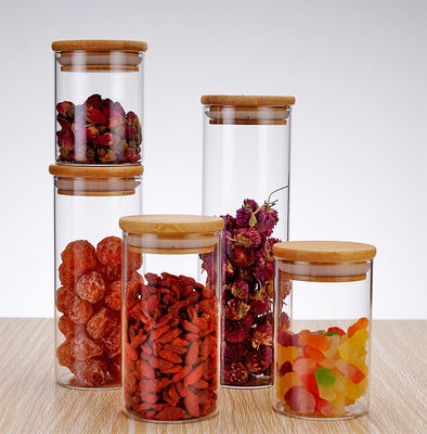 kaufen ODM / OEM kundenspezifische schlanke Haus Runde Glasfach 8oz 26oz Lebensmittelfach Glasfach mit luftdichtem Bambusdeckel Elegante und praktische Design online manufacture