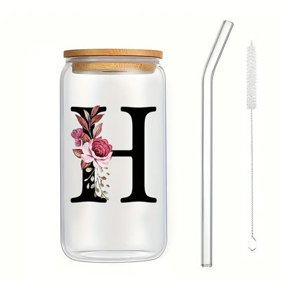 kaufen Exquisite angepasste Logo 16oz Sublimation Glas Wasserflasche klare Blumenbriefe Cola Dose Glasbecher mit Bambusdeckel und Stroh 8 * 15cm online manufacture