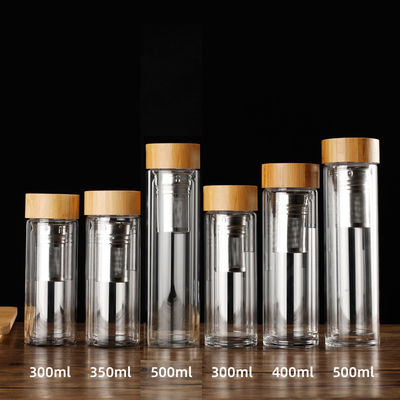 kaufen Custom Logo undicht Doppelwand Tee Infuser Flasche Doppel isolierte Glas Wasserflasche mit Bambusdeckel 350ml/400ml/450ml wiederverwendbar Öko-freundlich online manufacture