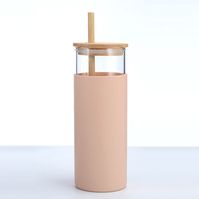 kaufen Anpassung 16 Oz Glas Getränke Flaschen Glas Kaffeetassen mit Bambusdeckel Bambus Stroh Silikon Hülse undicht Spritzgehalt Design online manufacture