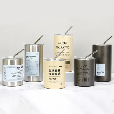 kaufen 12oz Gerade Becher Eis Kaffee Tumbler Edelstahl Thermos Isolierter Kaffee Tee Becher Bier Trinkbecher mit Strohdeckel Online-Herstellung