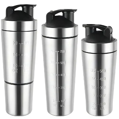 kaufen 500/750ML Leicht zu tragen Silber Protein Shaker aus Edelstahl Flasche Edelstahl Gym Shaker mit Mischball BPA-freiem breiten Mund online manufacture