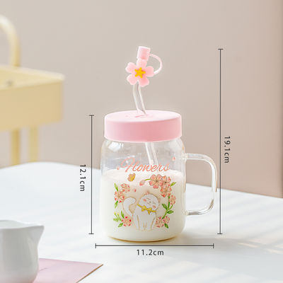 Relief Transparente Katze Hochtemperatur-Glas-Tasse Süß Großkapazität bedeckt Stroh Studenten Mädchen Milch Frühstückstasse Büro
