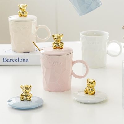Premium-Keramik-Taschen mit Goldem Teddybären-Deckel Kleine Bären-Mädchen-Keramik-Tasse und -Spucke 300 ml